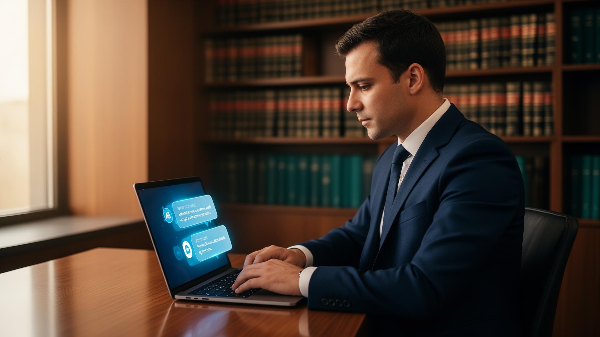Attorney using an AI assistant on a laptop in a modern law office